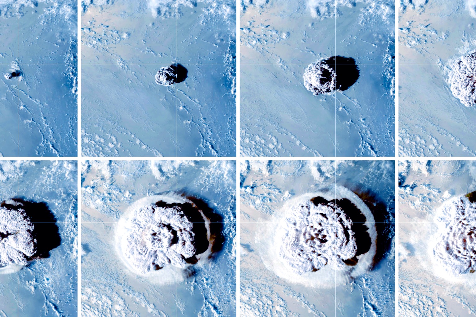 衛(wèi)星圖像顯示大型火山噴發(fā)柱上升并向海洋上空擴(kuò)散的過程